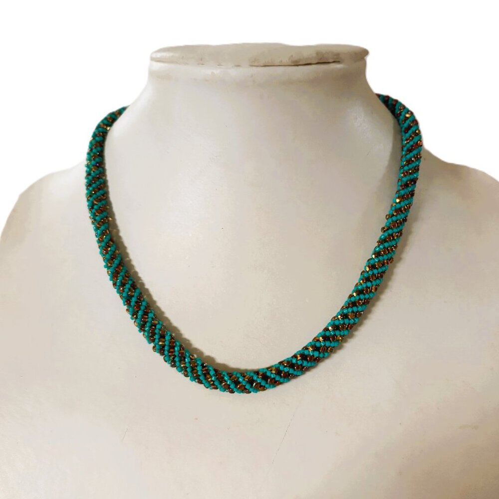 Vintage Turquoise & Gold Seed Bead Braided Choker Necklace – 14/20 GF Clasp